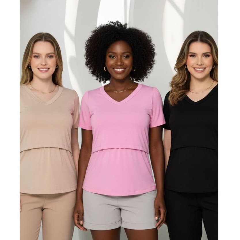 Kit 3 Blusa Camiseta Gola V Amamentação blusinha Gestante Com Abertura amamentar bata grávida maternidade mãe lactante