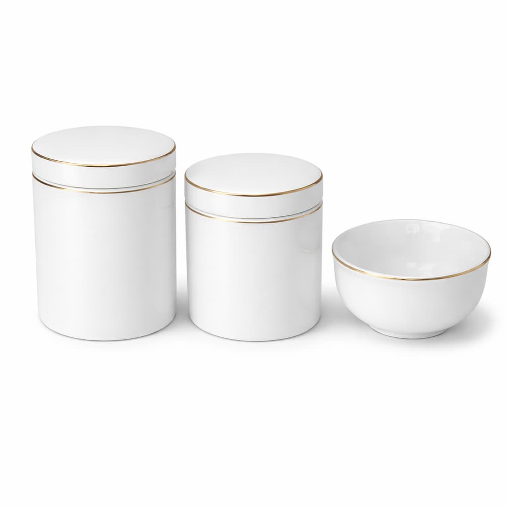 Kit Higiene Conjunto 3 Pecas Porcelana Branco Com Filete De Ouro