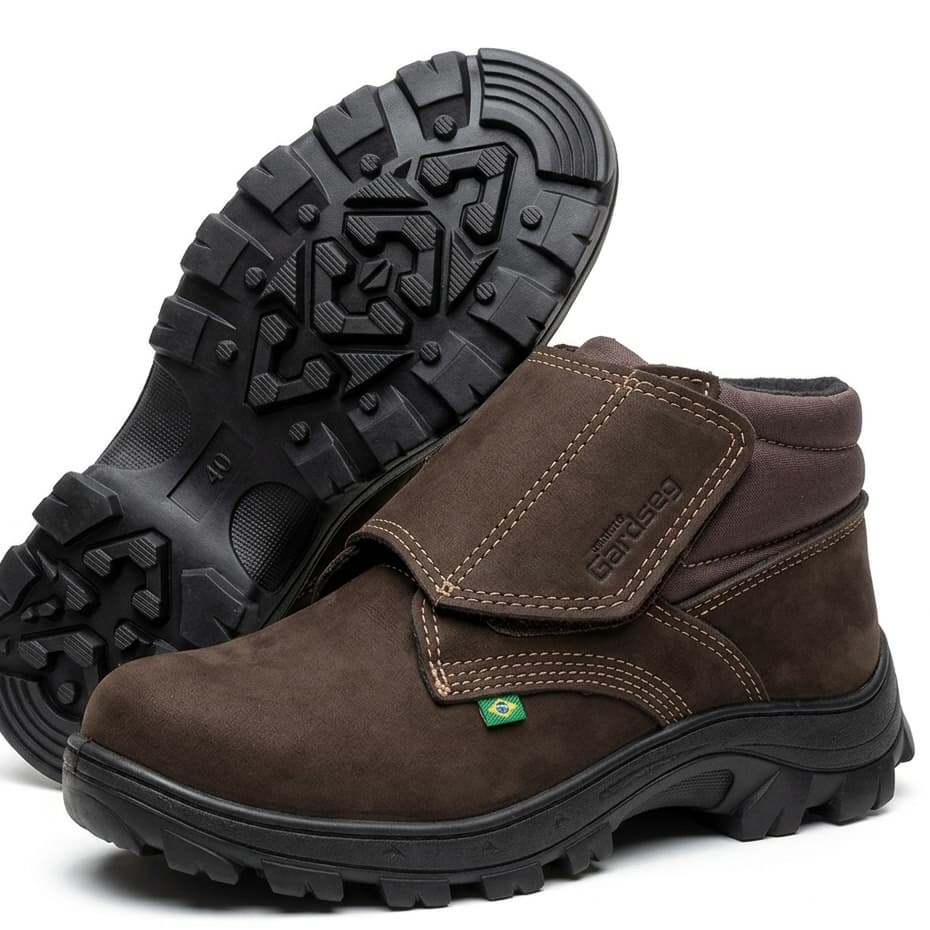 Bota Botina de Segurança Velcro Couro Legítimo CA Bico PVC Trabalho Construção Confortável