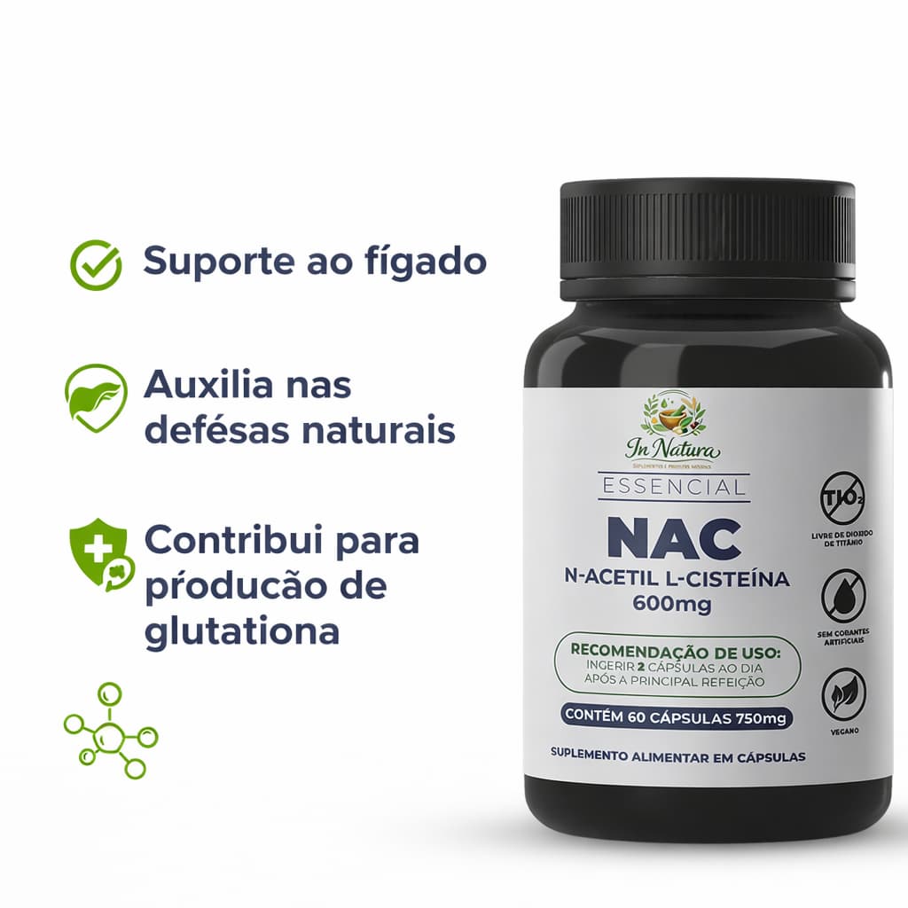 NAC 600mg Alta Concentração 60 Cápsulas por pote | Apoio Hepático e Respiratório. Envio Imediato.