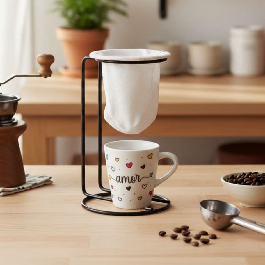 Mini Coador Pano Café Chá Aramado Colorido Caneca Porcelana 120ml