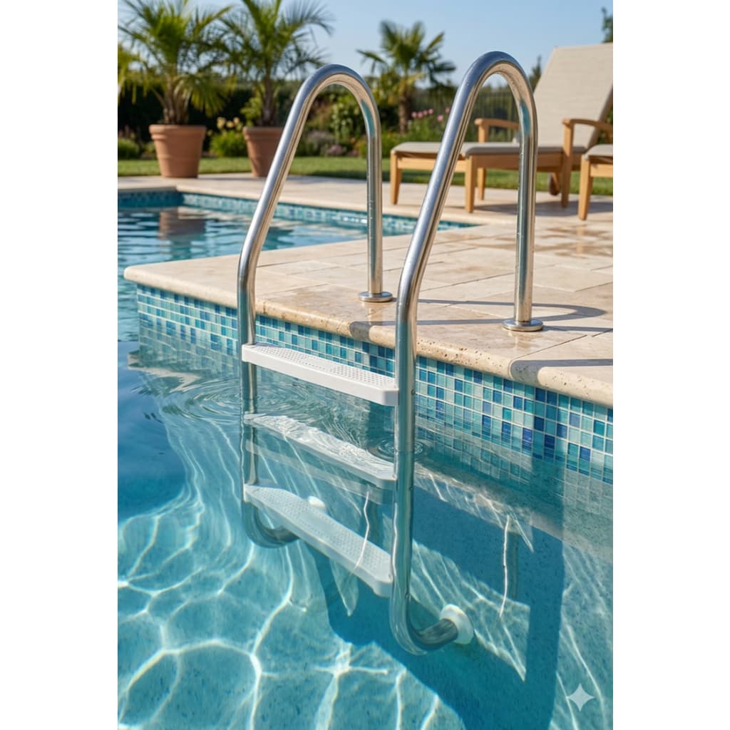 Escada Para Piscina Em Aço Inox Com 3 Degraus Abs Reforçada Completa Para Instalação Rápida