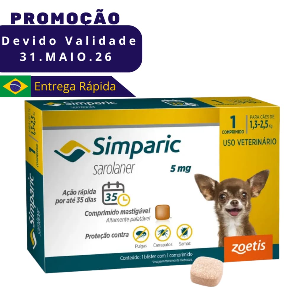 Simparic Para Cães 1,3 A 2,5 Kg (5 mg) - 1 Comprimido VENC 31.MAIO.26