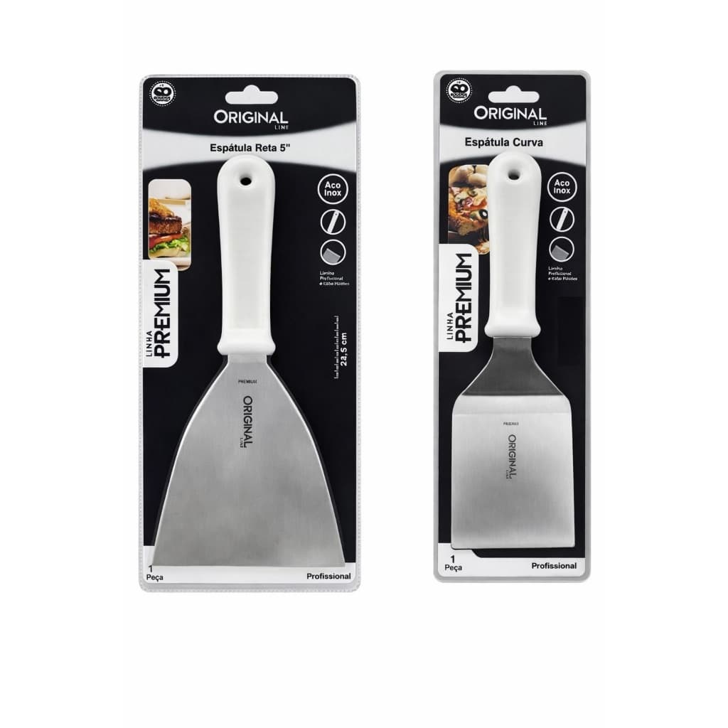 Kit Com 2 Espátulas Em Inox Reta E Curva Para Lanches Chapa Cozinha Chapeiro Lanchonete