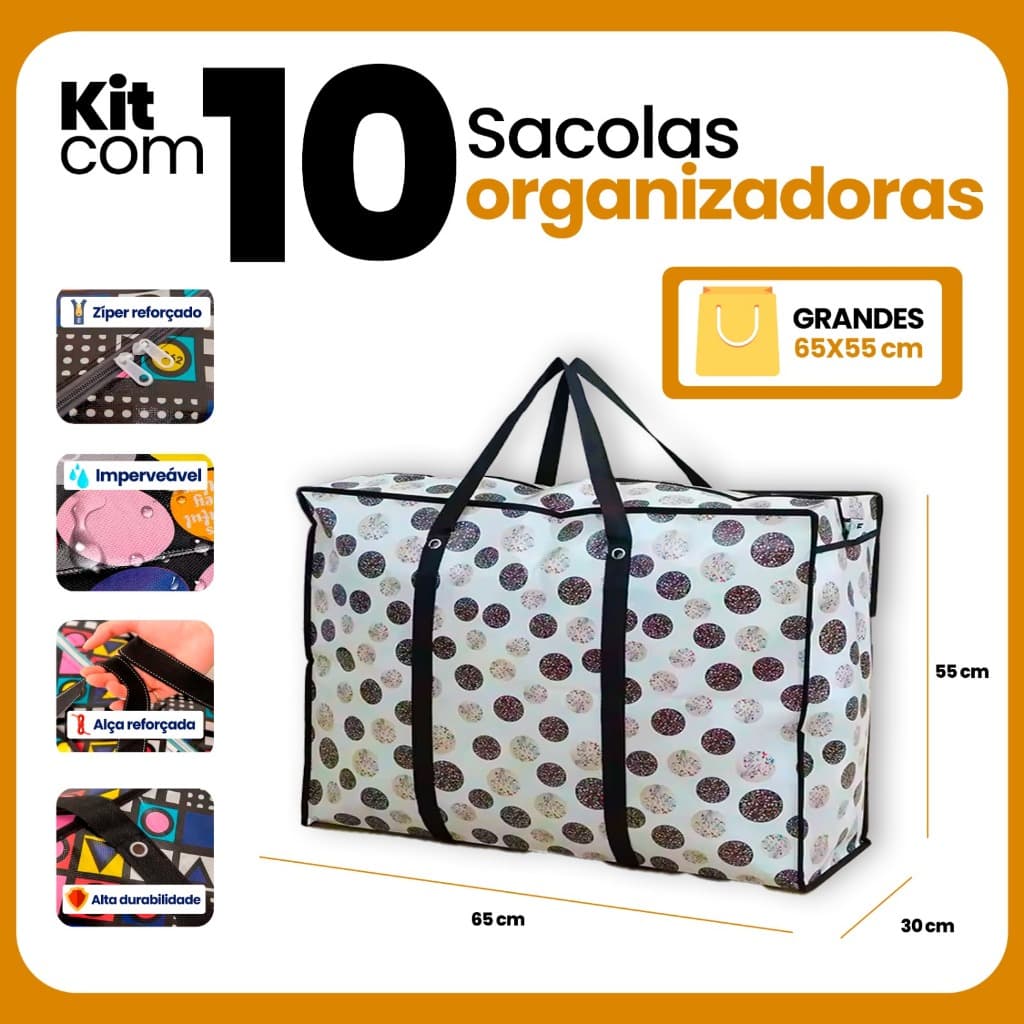 Kit 10un Sacola Sacolão Mochila Bag Viagem Compras GG Impermeável 80CM Mudança