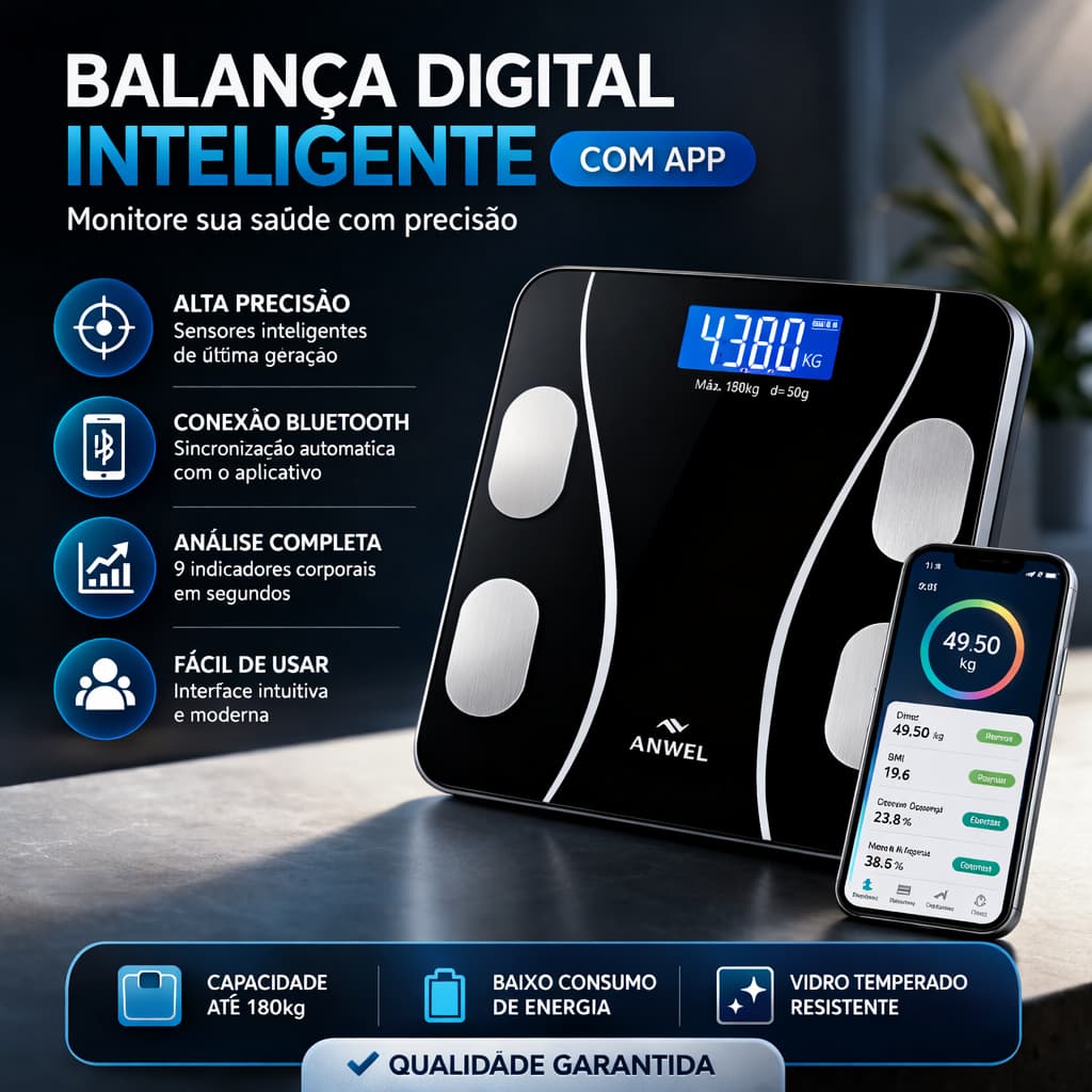 Balança Digital Inteligente Bluetooth com App até 180kg Bioimpedância Corporal Alta Precisão