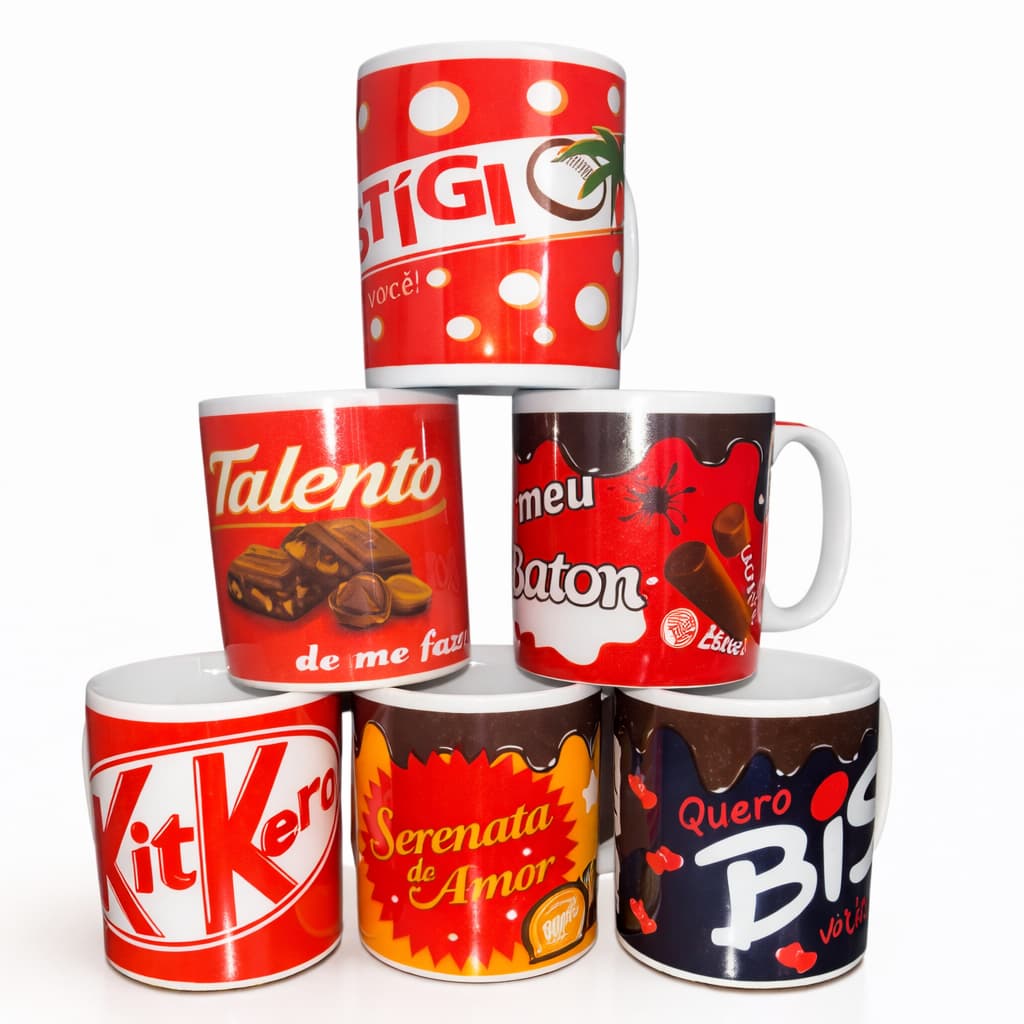 Kit 6 Caneca de Café 300ml Porcelana Decorada Dia dos Namorados Chocolate Presente