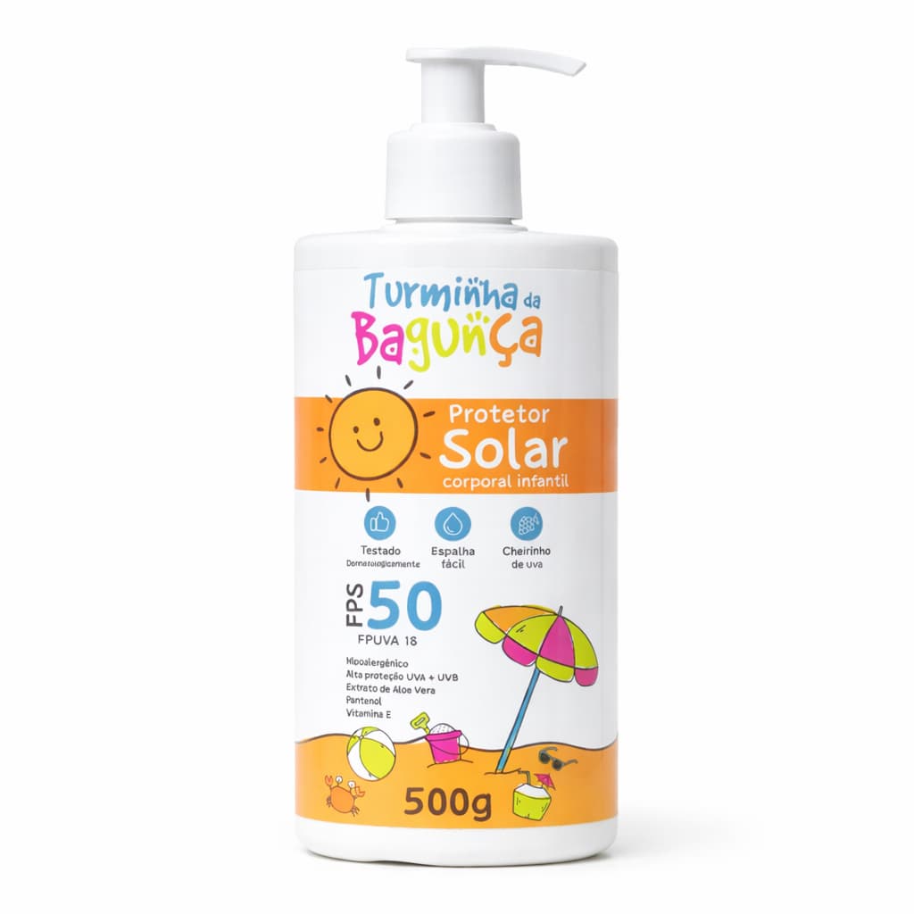 Protetor Solar Infantil FPS 50 Turminha da Bagunça UVA+UVB – Cheirinho de Uva – 200g e 500g