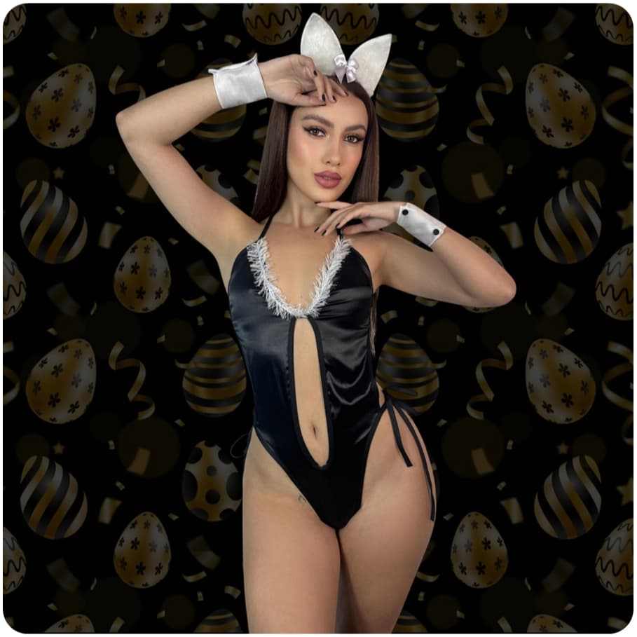 Fantasia Body Coelha Cetim com Orelha e Bracelete Lingerie Sexy Luxo Alto Brilho