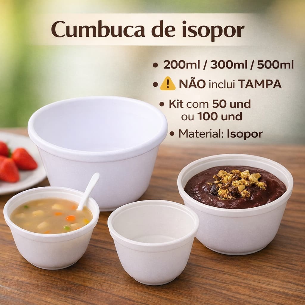 Cumbuca De Isopor SEM tampa 200ml/300ml/500ml - 50 ou 100 und