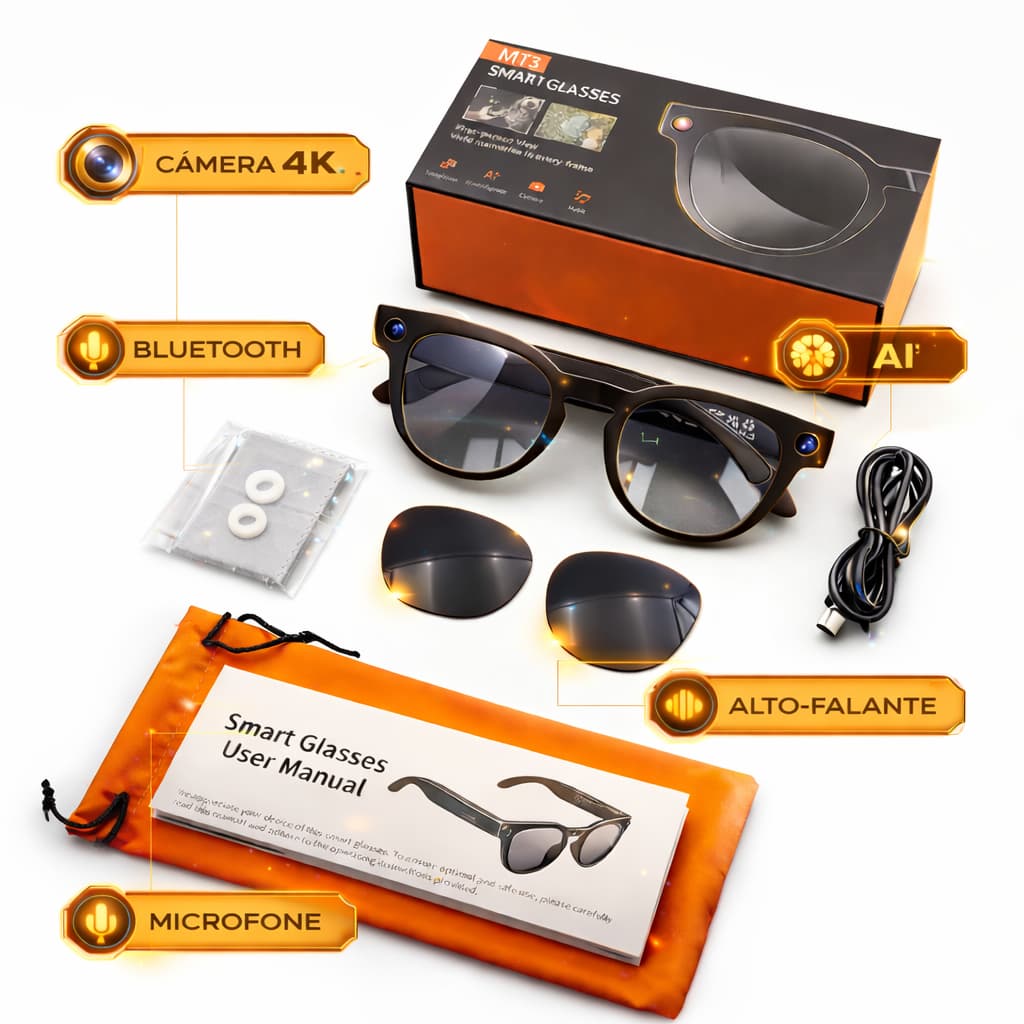 Óculos Inteligente  MT3 Câmera 8MP Full HD + IA Tradução + Kit Lentes (Sol, Anti Luz Azul e Foto) Ultra Leve 38g