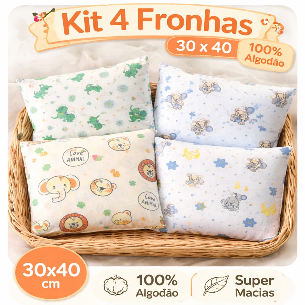 Kit 4 Fronhas 30x40 cm Infantil / Berço 100% Algodão – Macias para Travesseiro Bebê