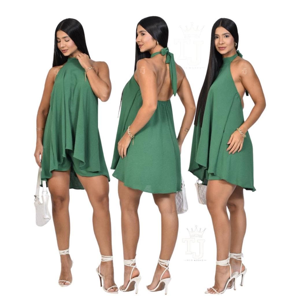 Conjunto Feminino Frente Única Estilo Vestido Macaquinho Soltinho Com Decote nas Costa Tendência Gola Alta Amarração