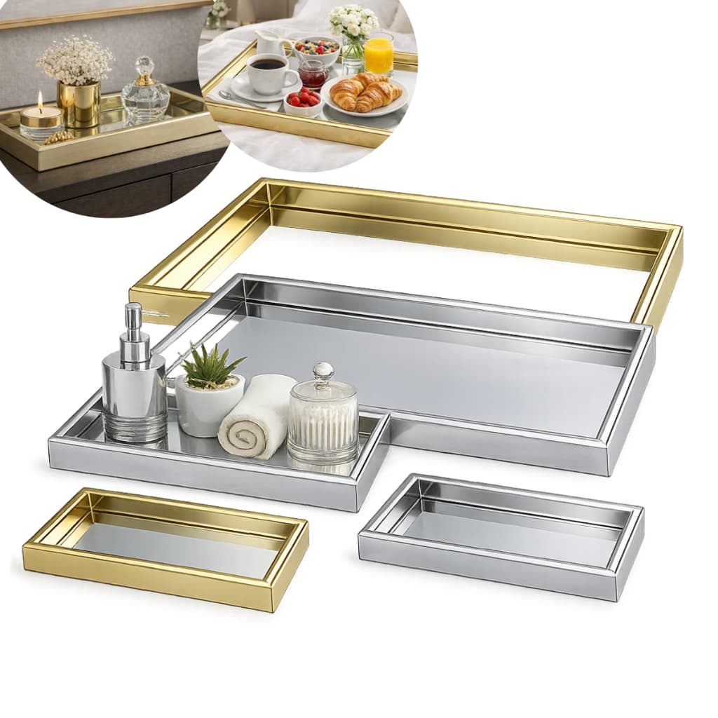 Bandeja Espelhada Decorativa Luxo Dourada Prata Organizador Sala Lavabo Banheiro Quarto