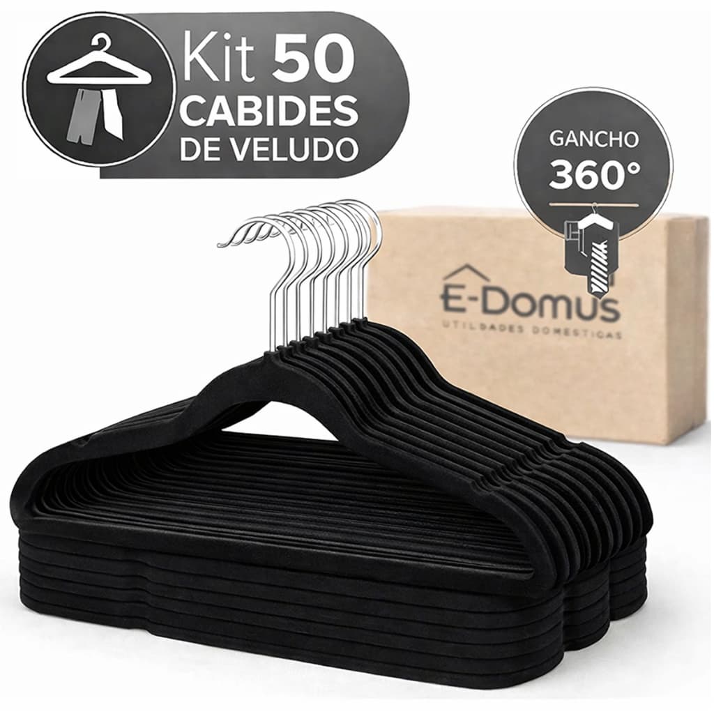 Kit Cabides Adulto Veludo Roupa Antideslizante Ultrafino Preto Edomus Gancho 360 Slim Altamente Resistente Calças Camisa