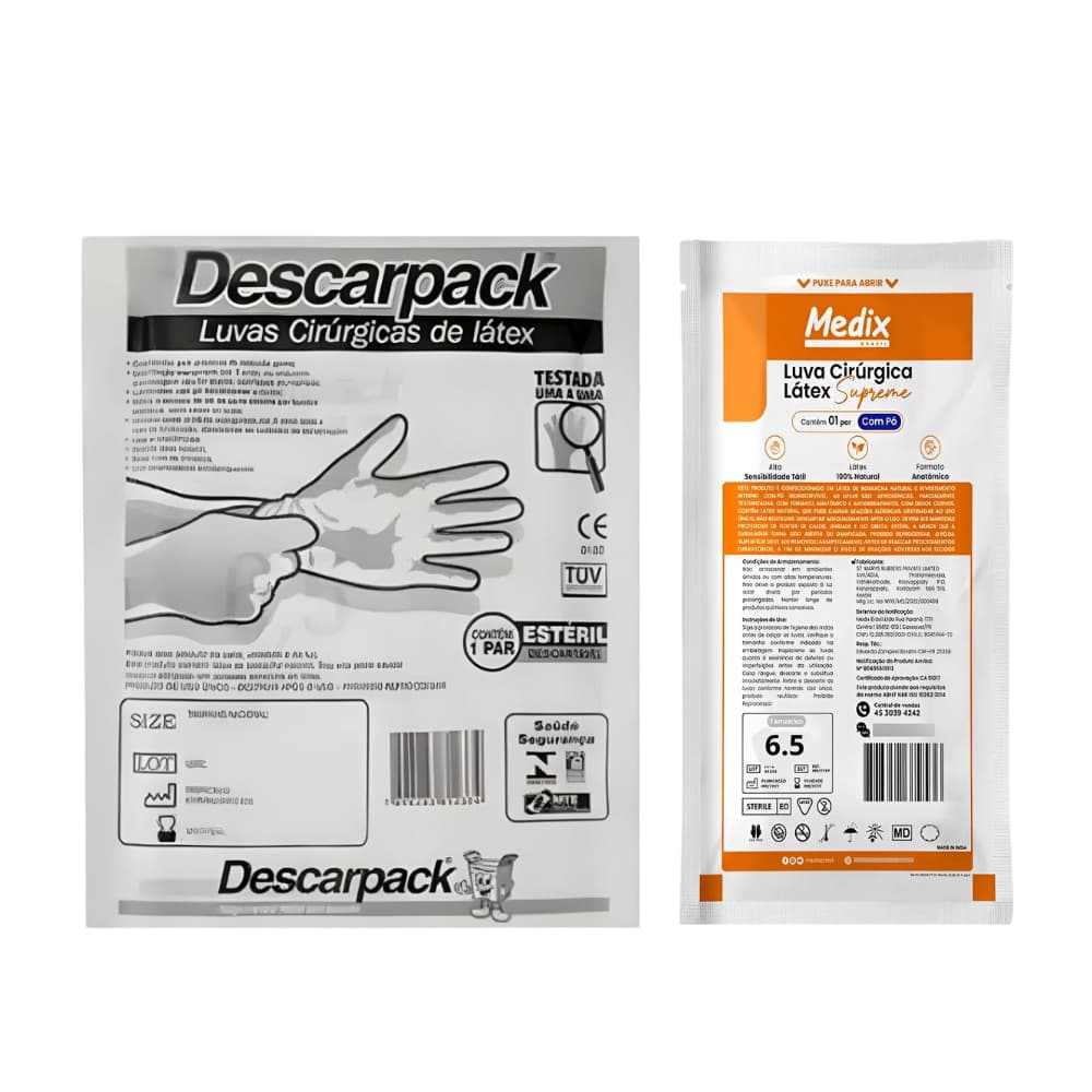 30 Pares Luva Cirúrgica de Látex Estéril Branca Com Pó Selo Anvisa