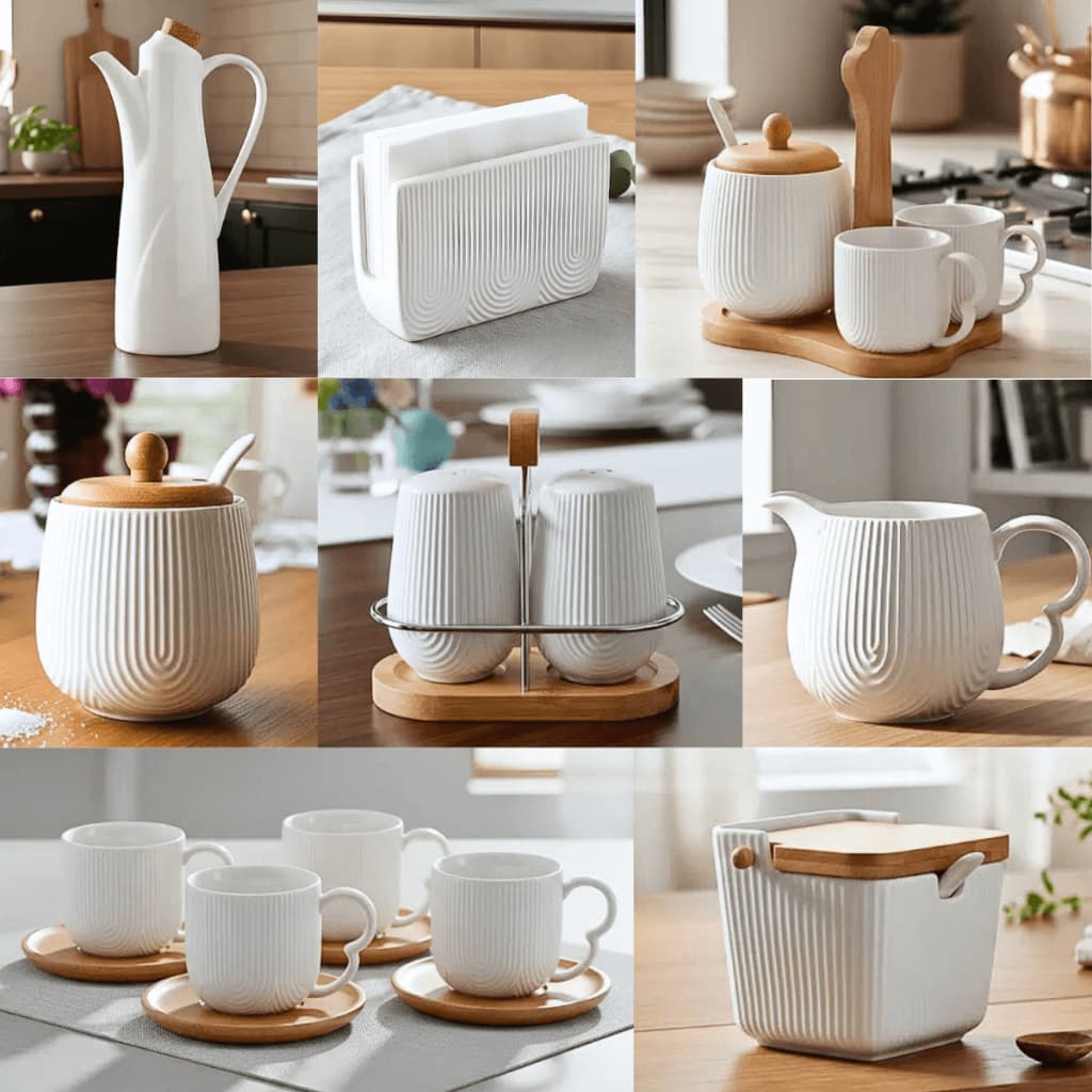 Xicaras Açucareiro Jarra Porta Guardanapo Saleiro Azeiteiro Oasis Cerâmica Branca e Bambu