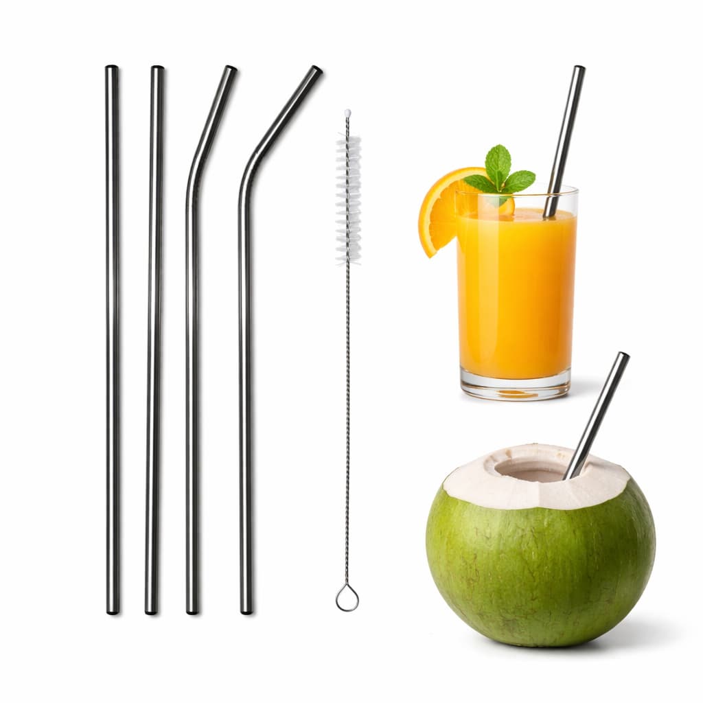 Kit 4 Canudos Inox com Escova Limpadora Prático Ecológico Resistente Perfeito para Bebidas e Drinks