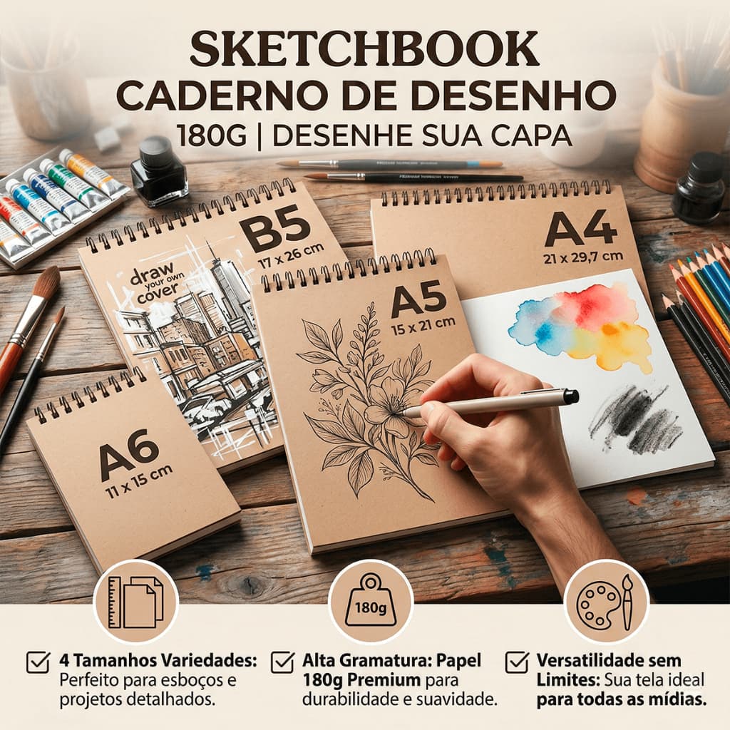 Sketchbook Caderno de Esboço Papel Espesso 180g Desenhe sua CAPA