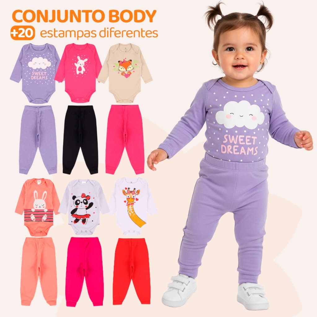 Kit 8 Peças de Roupas para Bebê Menina (4 Body Longo + 4 Calça Mijão)Kit 4 Conjunto Body + Calça Roupa Infantil Bebê