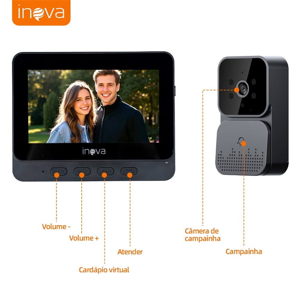 INOVA Campainha Com Câmera Vídeo Porteiro Sem Fio Wi-Fi HD Inteligente Smart Home Vê Pelo Celular Recarregável