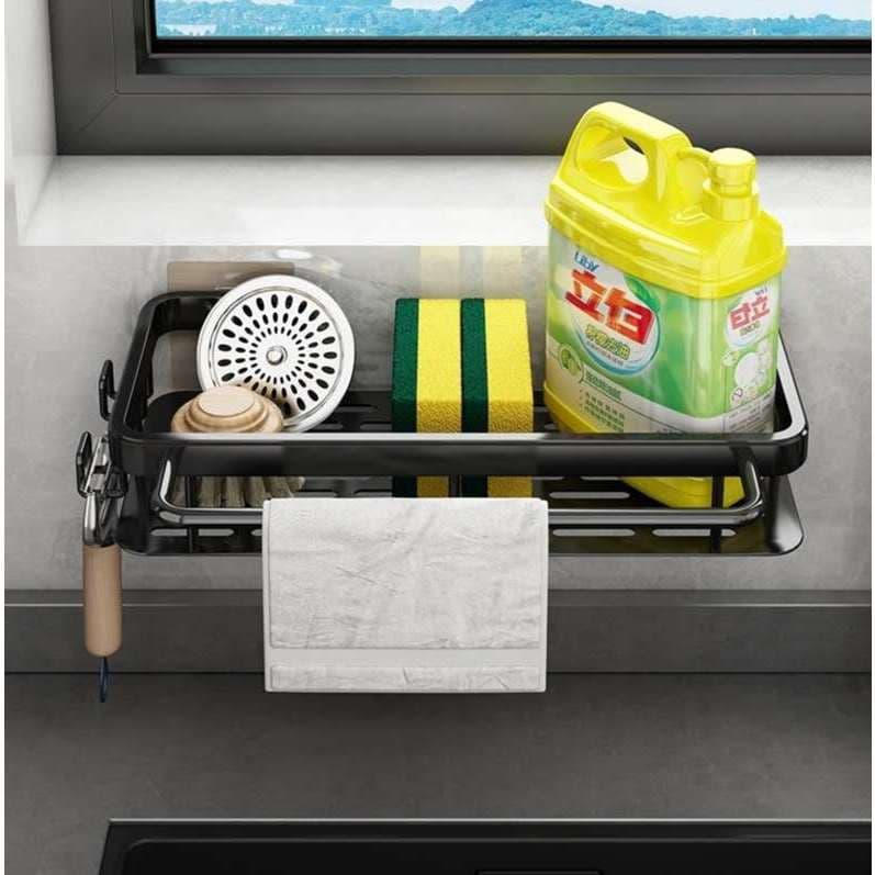 KIT Suporte Organizador De Cozinha com Gancho Prateleira Sem Furo Escorredor Porta Detergente