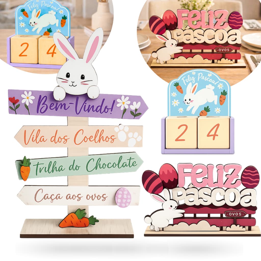 Letreiro Placa Decorativa de Páscoa em Madeira Mini Calendário Páscoa Enfeite Decorativo Mesa