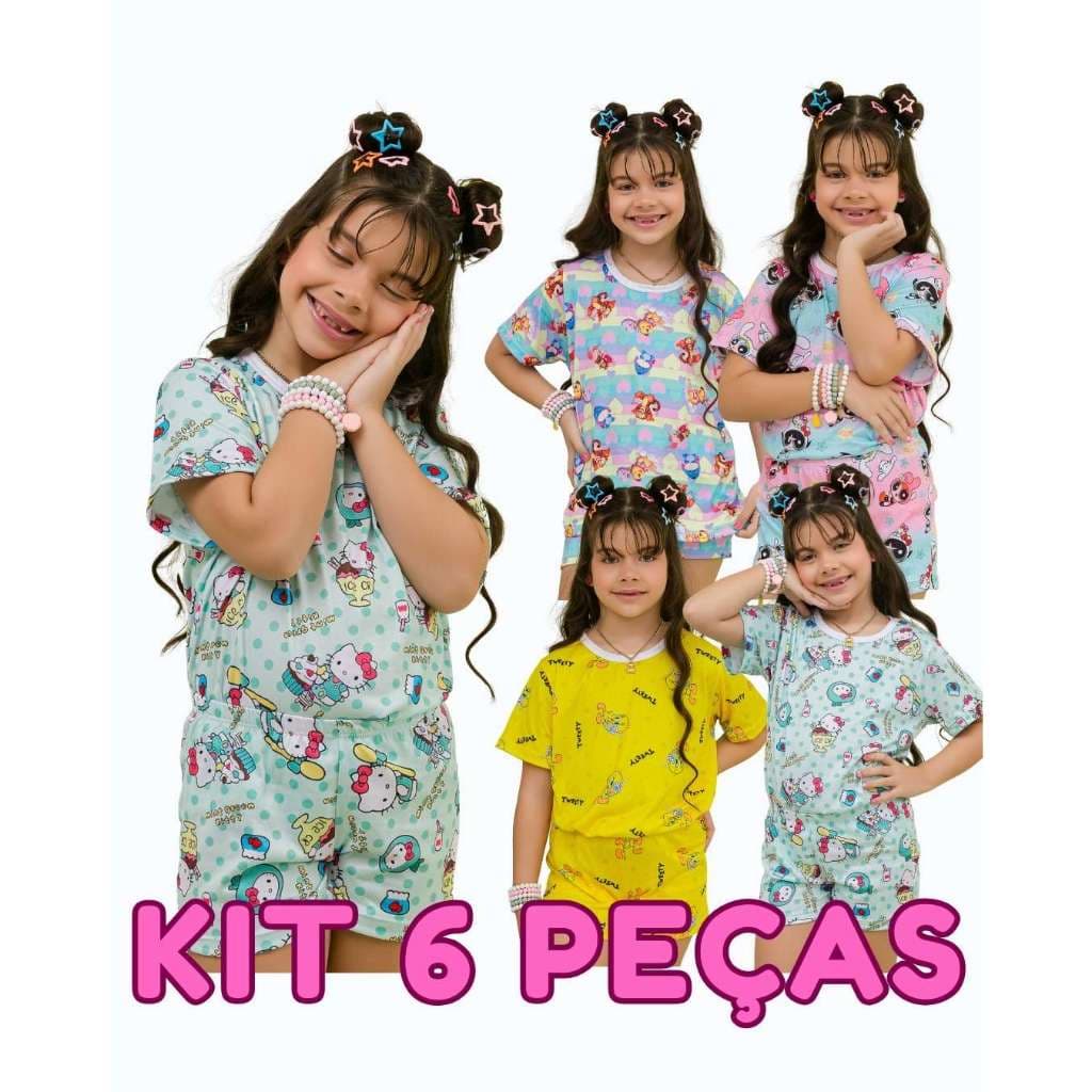 Kit 6 Peças Sortidos Pijama Básico Infantil Feminino Estampado – Conjunto para dormir, para usar no dia a dia