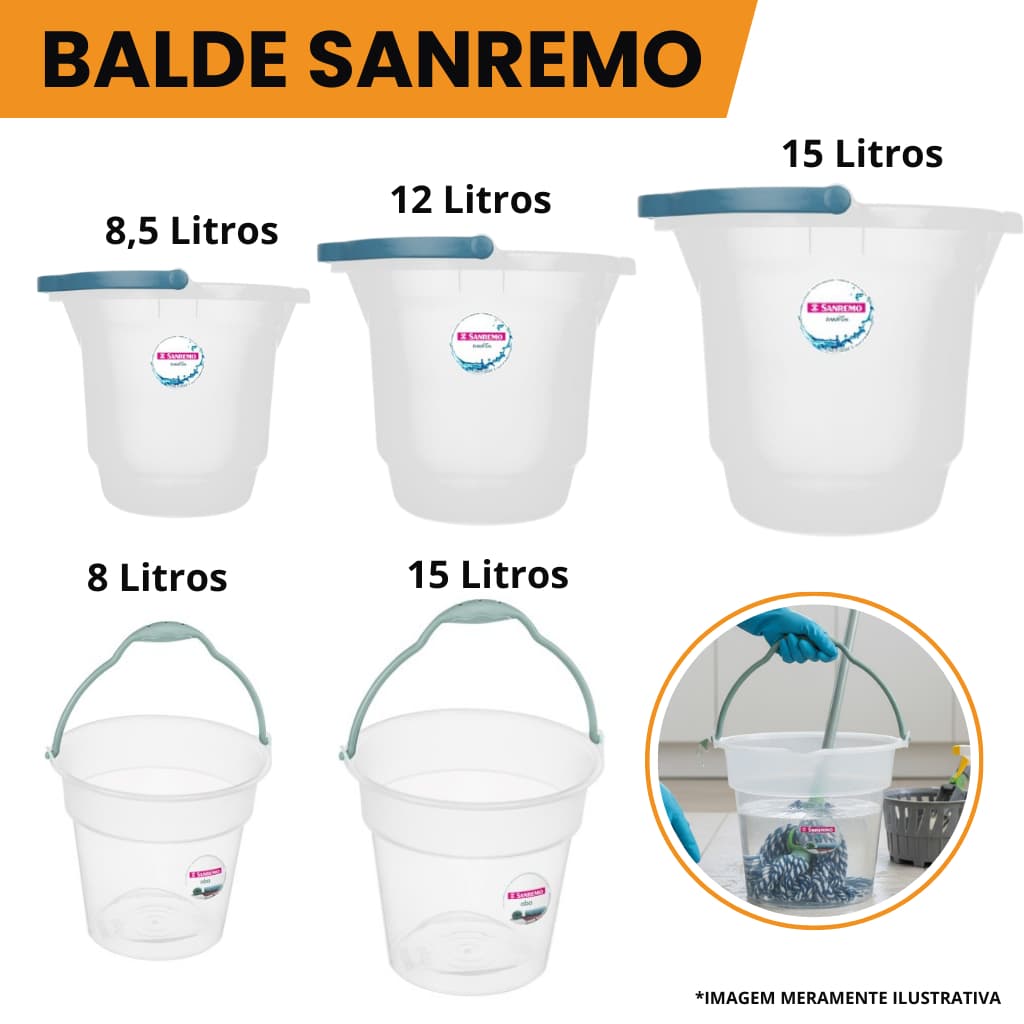 Balde Plástico reforçado Transparente com Alça reforçada Sanremo 8L  12L  15L