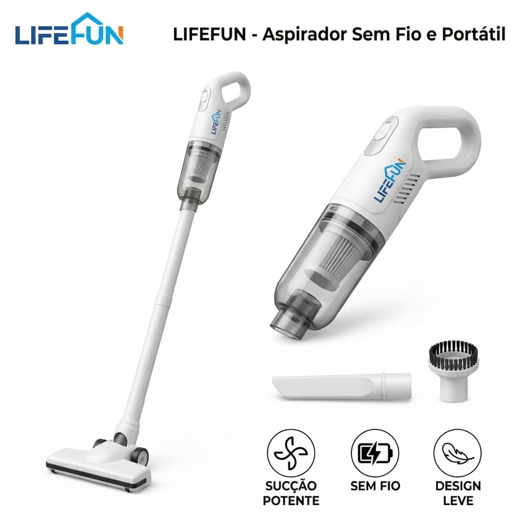 LIFEFUN Aspirador de Pó Portátil Sem Fio para Casa Recarregável USB Forte Sucção Branco