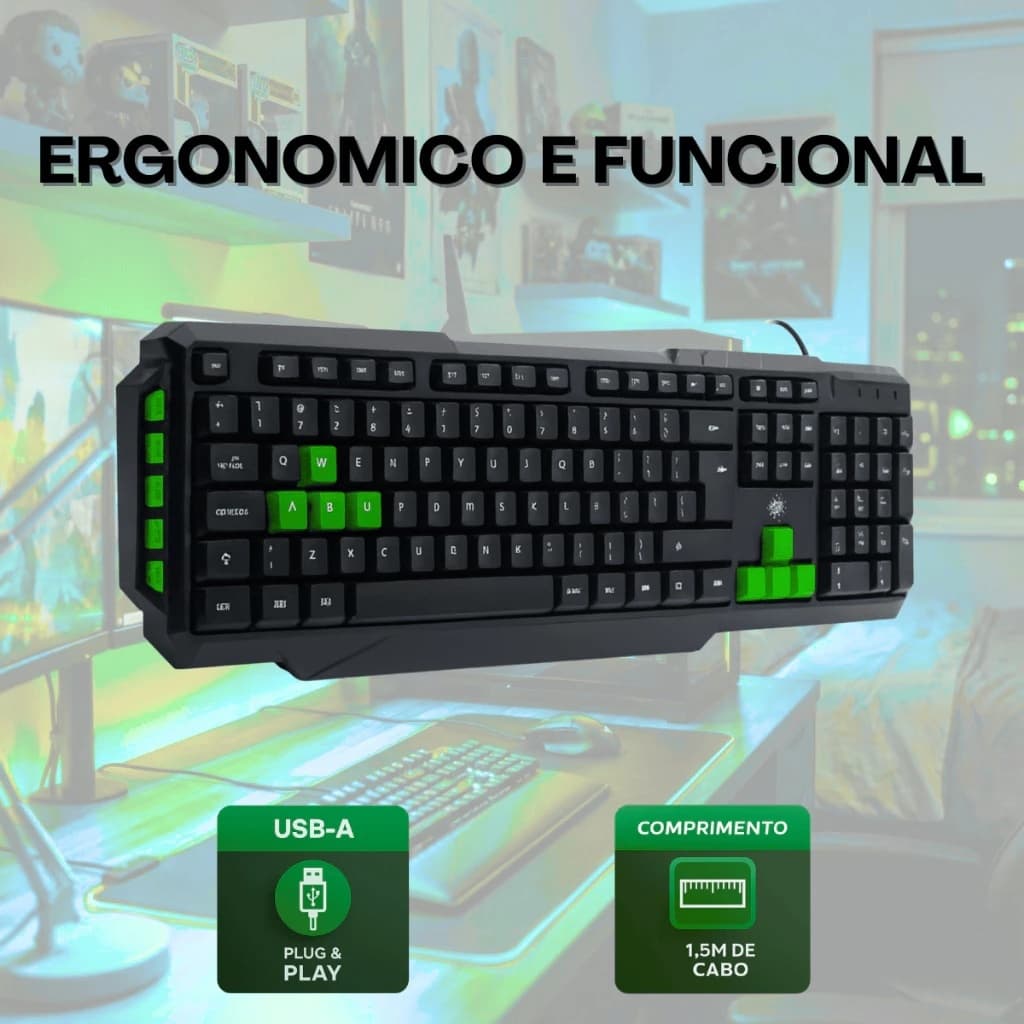 Teclado Gamer preto/verde Multimídia Lateral Teclas Destacadas USB ABNT2