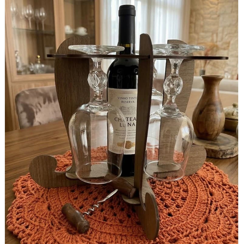 Adega Suporte de 4 taças e Vinho ou Espumante 1L para Mesa Em Madeira MDF