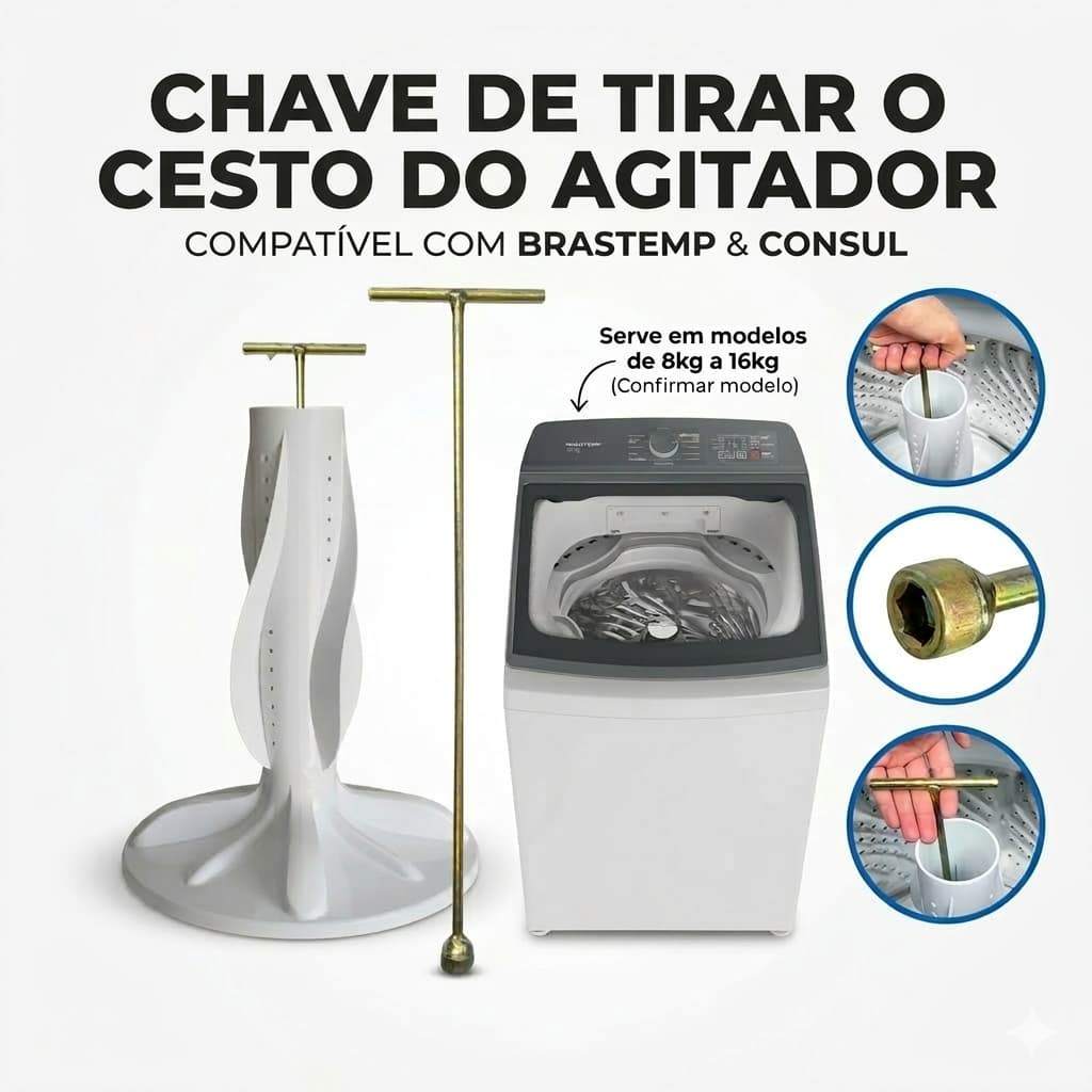 Chave T agitador 10mm Longa Universal Lavadora de Roupas