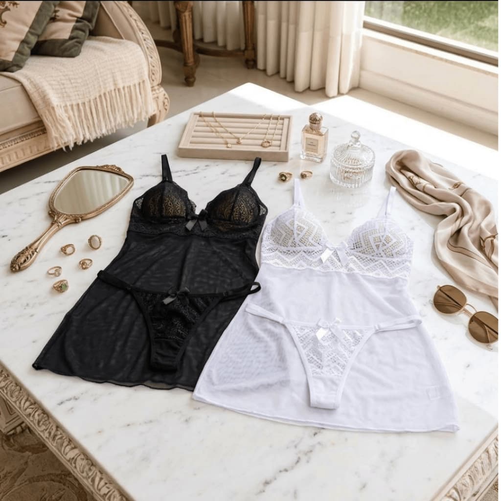 Kit 2 Camisola Feminina de Renda com Calcinha Conjunto Lingerie Delicada Moda Íntima Noite Baby Doll