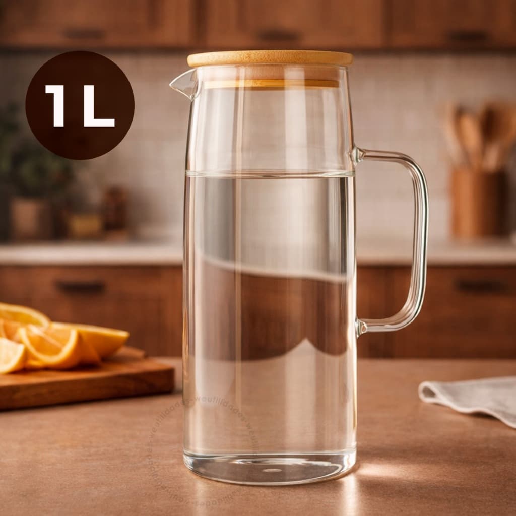 Jarra De Vidro Com Tampa De Bambu Para Servir Suco Água 1200ml Hermética Garrafa