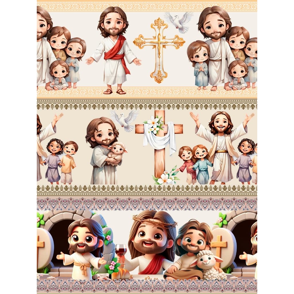 Tecido Tricoline Mista  - Barrado Digital - 10 Faixas - 0,50 cm x  1,45 largura -  Religioso - JESUS - NOSSA SENHORA