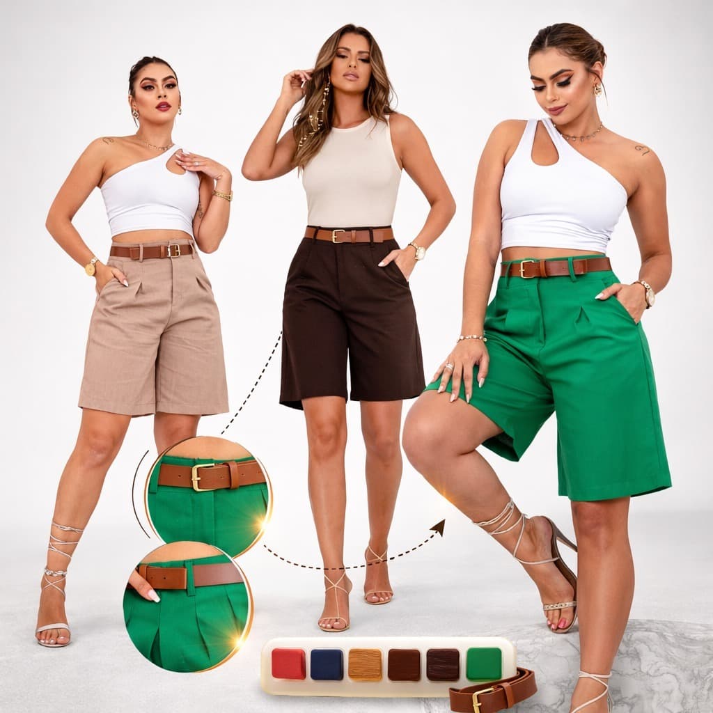 bermuda alfaiataria feminino  com cinto Shots Social linho Moda Feminina P, M, G, GG, G1, G2