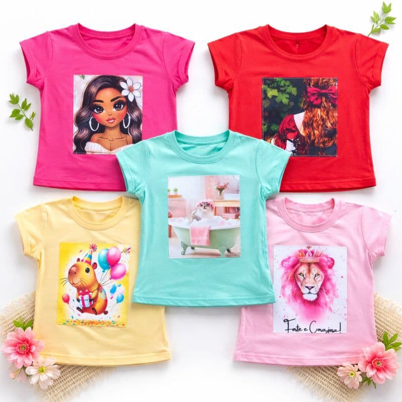 Kit 5 Blusinhas Infantil Menina Manga Curta Camisetas Femininas Para o Dia a Dia Malha Veste 1 ao 10