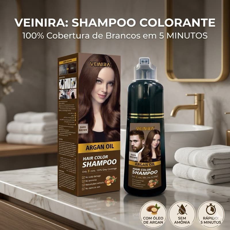 Shampoo Tonalizante Profissional Veinira – Cor Brilho de Salão (Preto ou Castanho) 200ml