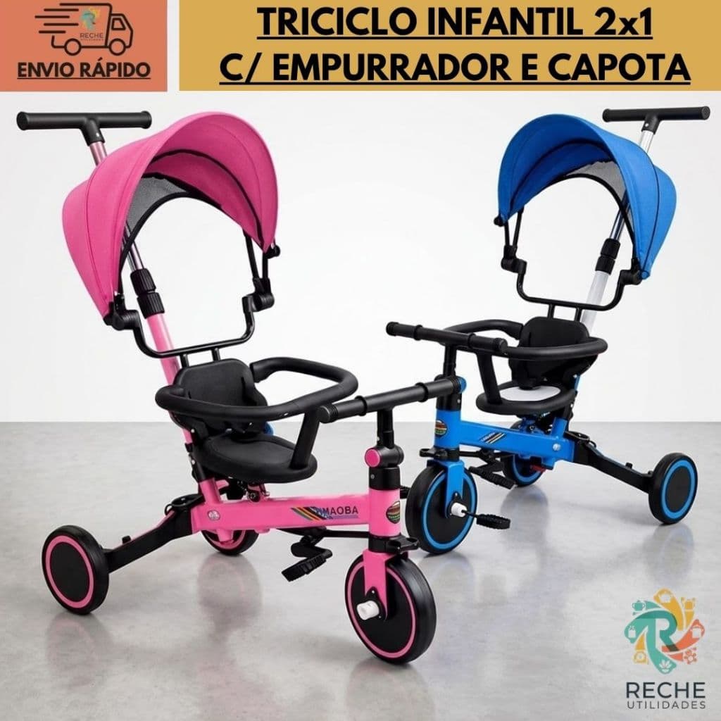 Triciclo infantil multifuncional carrinho bebê com empurrador capota solar e barra de segurança diversão para crianças