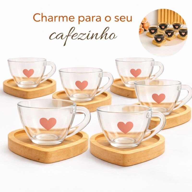 Jogo de Xícaras para Café Cafezinho com Pires de Madeira Coração Cantinho do Café Kit Presente