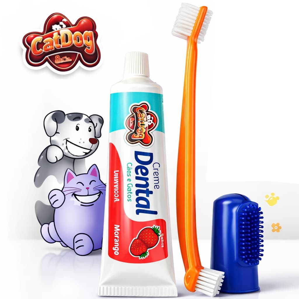 Kit Higiene Bucal Pet Completo Creme Dental 90g + Escova Dupla + Dedeira Anti Tártaro Cães e Gatos