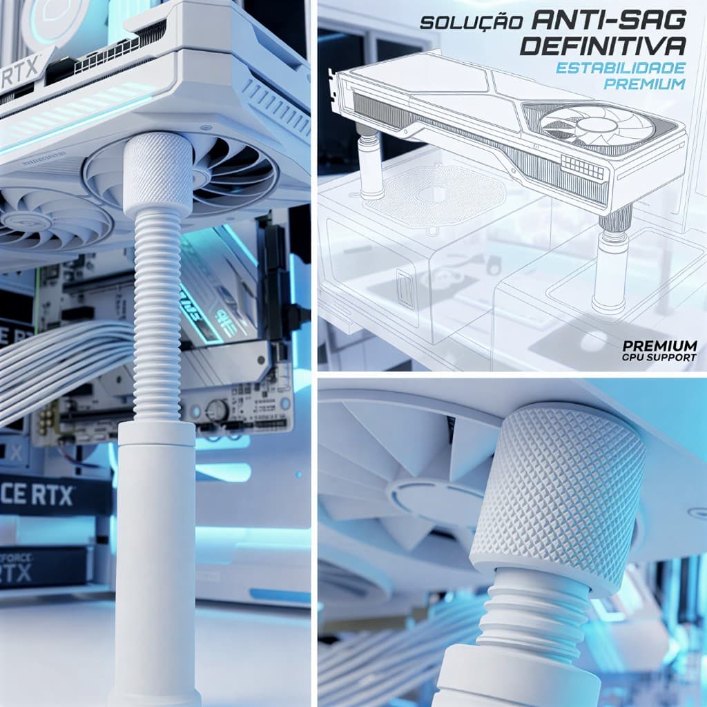 Suporte para Placa de Vídeo GPU Branco Ajustável para Nvidia e Radeon Universal e Exclusivo