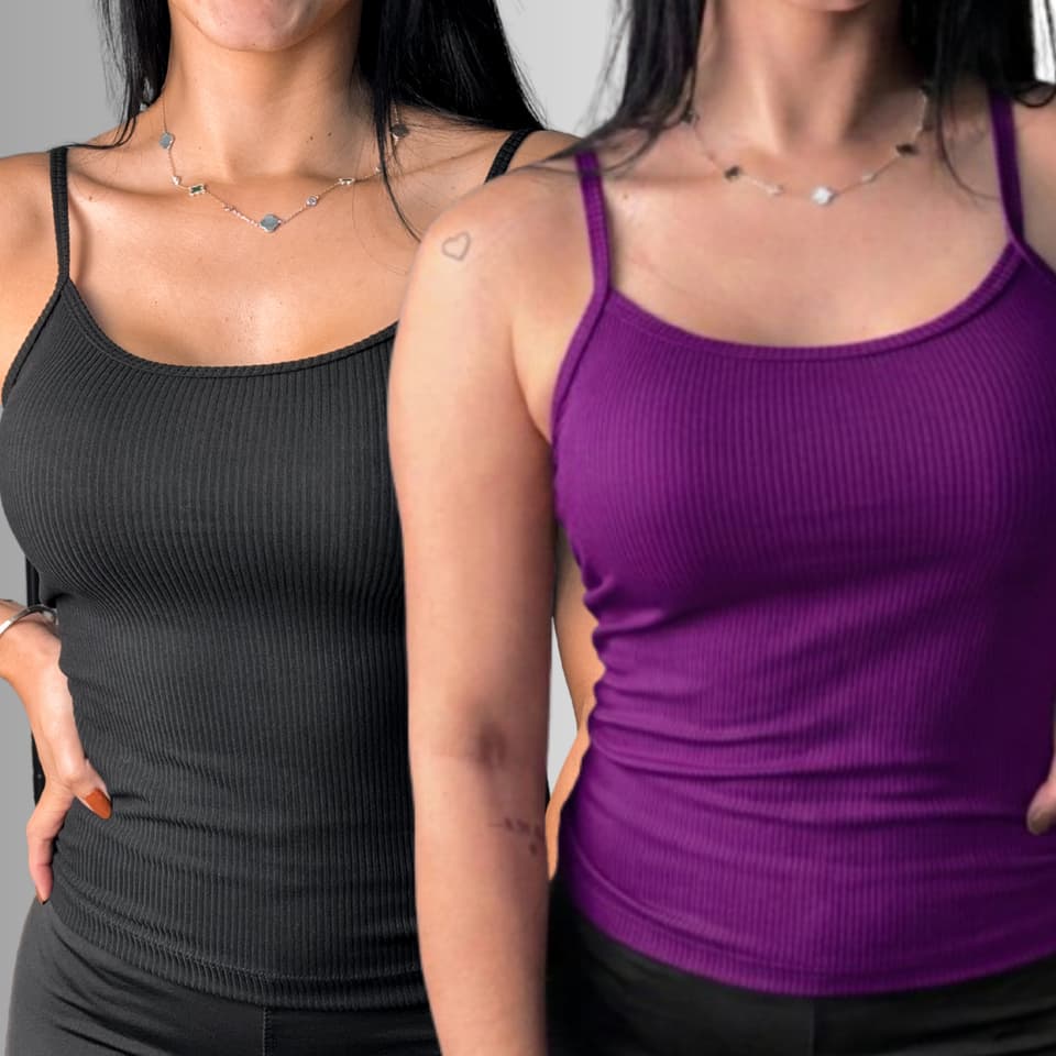 KIT 2 PEÇAS REGATA FEMININA ALCINHA CANELADA - MODA VERÃO E ACADEMIA