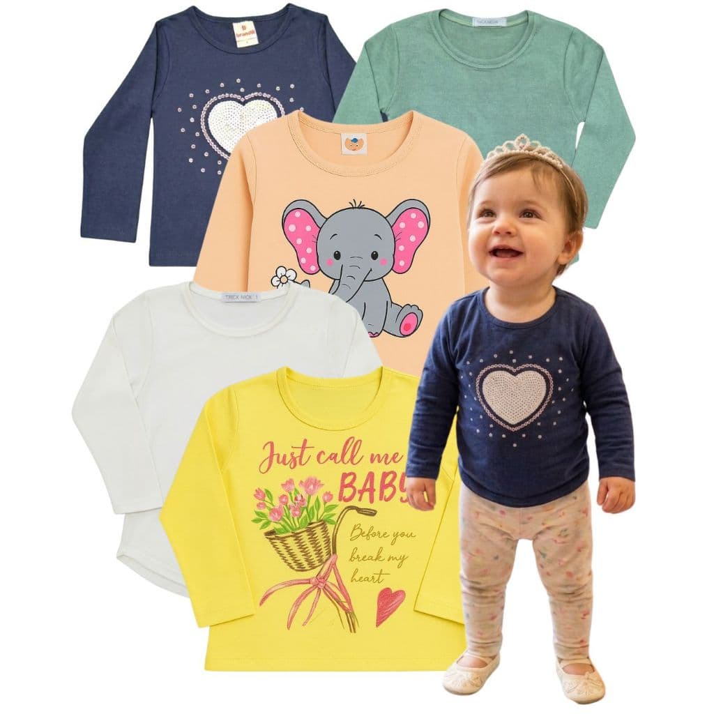 Kit com 5 Camisetas Manga Longa Infantil Variadas Feminina Tamanho 1 e 2 Anos