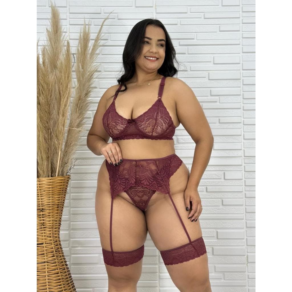 Kit Sensual Plus Size Verônica Com Cinta Liga Conjunto Completo Feminino Renda