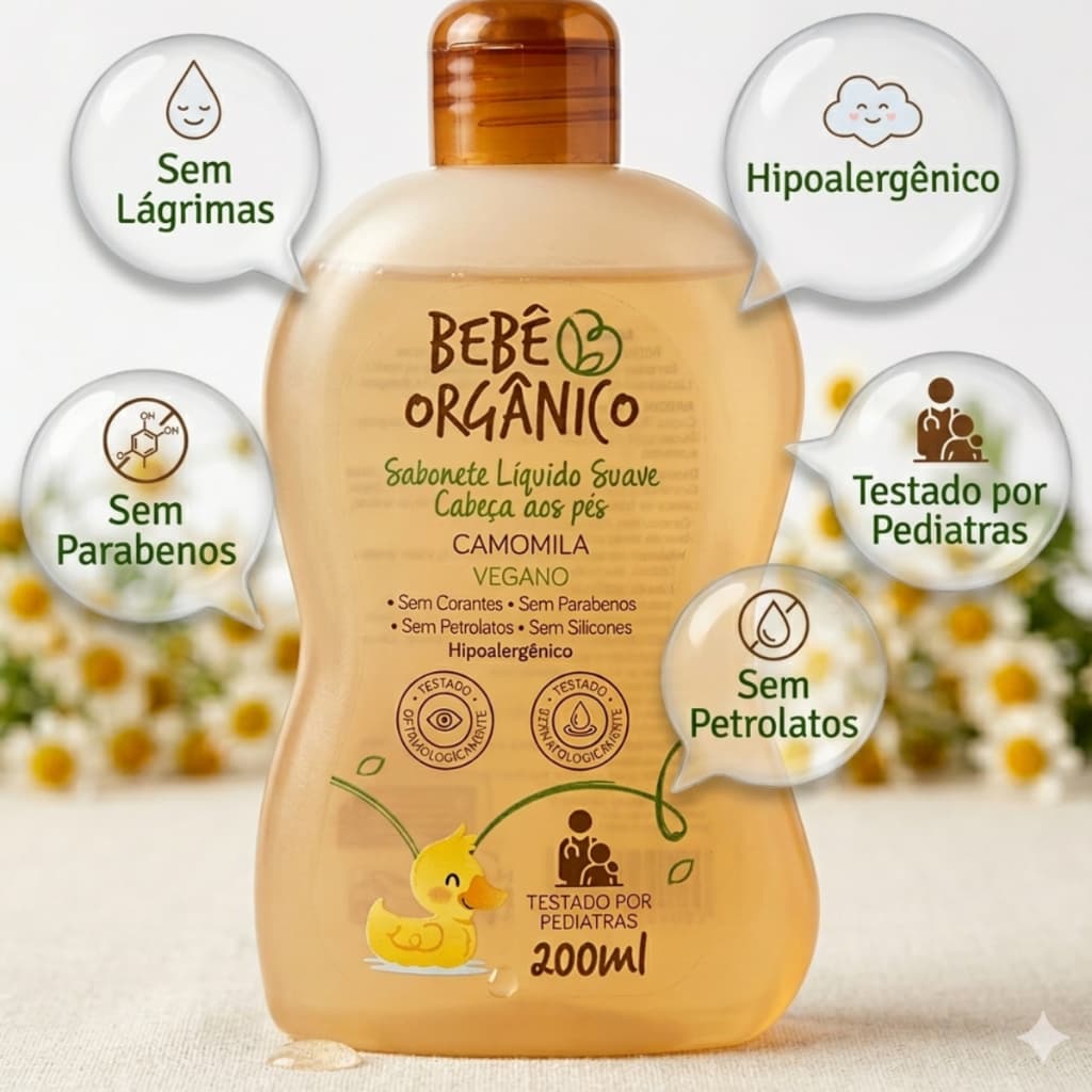 Sabonete Líquido para Pele do Bebê Camomila Vegano - Limpa Acalma e Nutre o Banho - 200 ml -Infantil