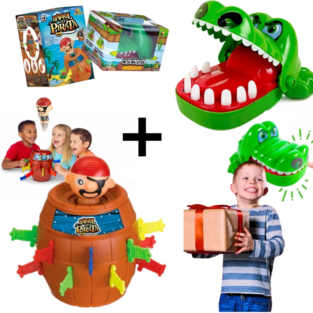 Kit Dois Brinquedos Jogo Jacaré Morde Dedo e Barril Pula Pirata Jogos de Tabuleiro Mesa Infantil Educativo