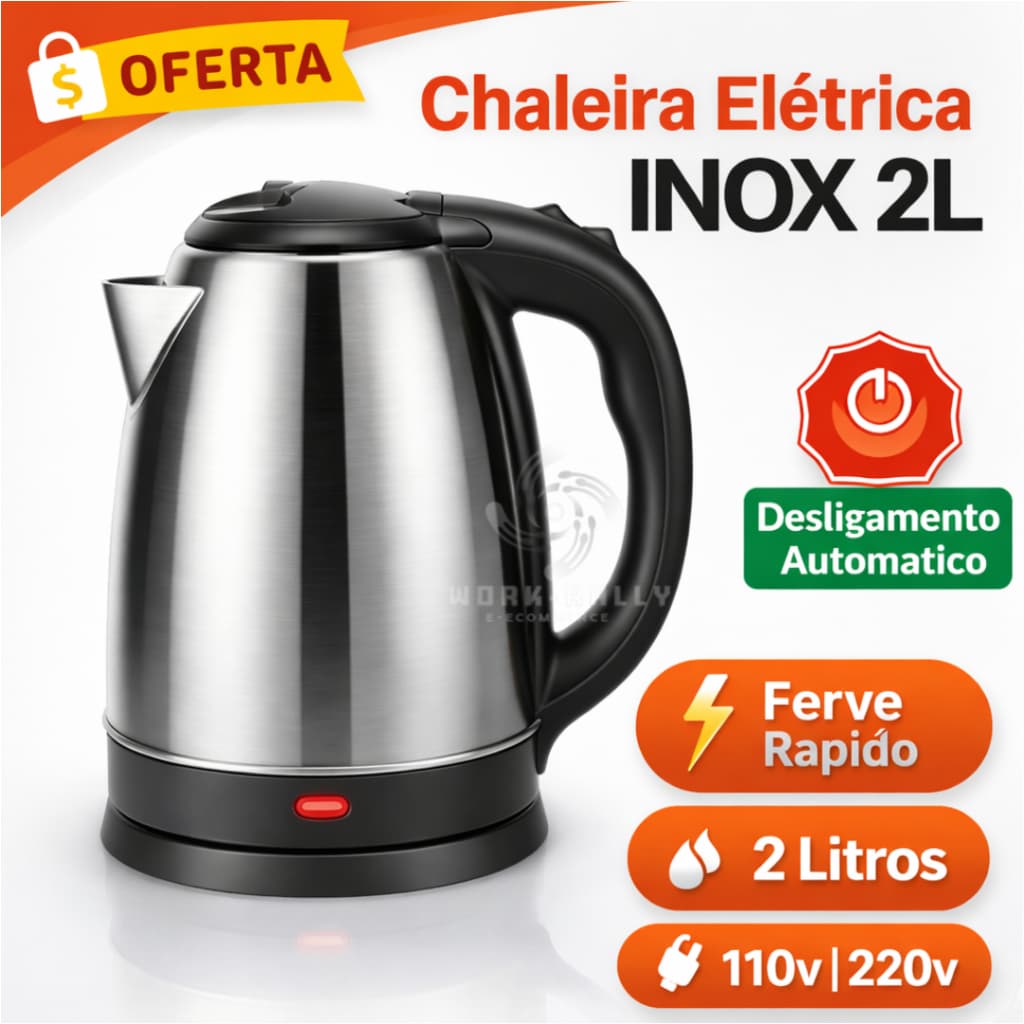 Chaleira Elétrica Inox 2L 1500W/1000W Ferve Rápido Desligamento Automático