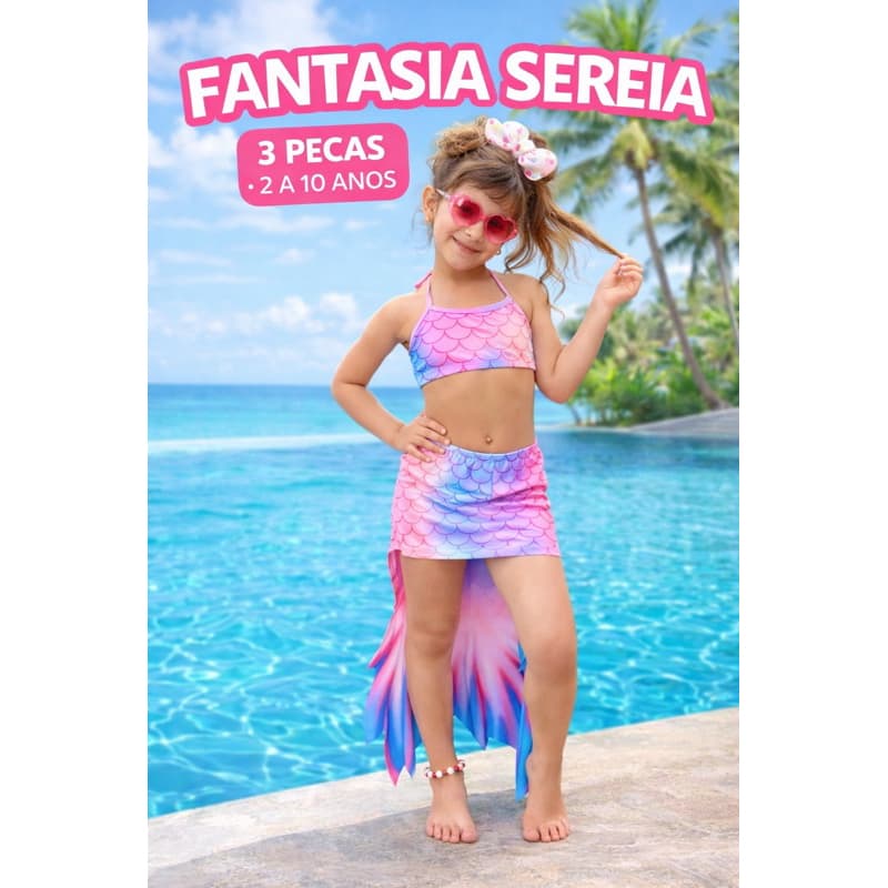 Fantasia Sereia Infantil 3 Peças Biquíni + Cauda Moda Praia Menina 2 a 10 Anos